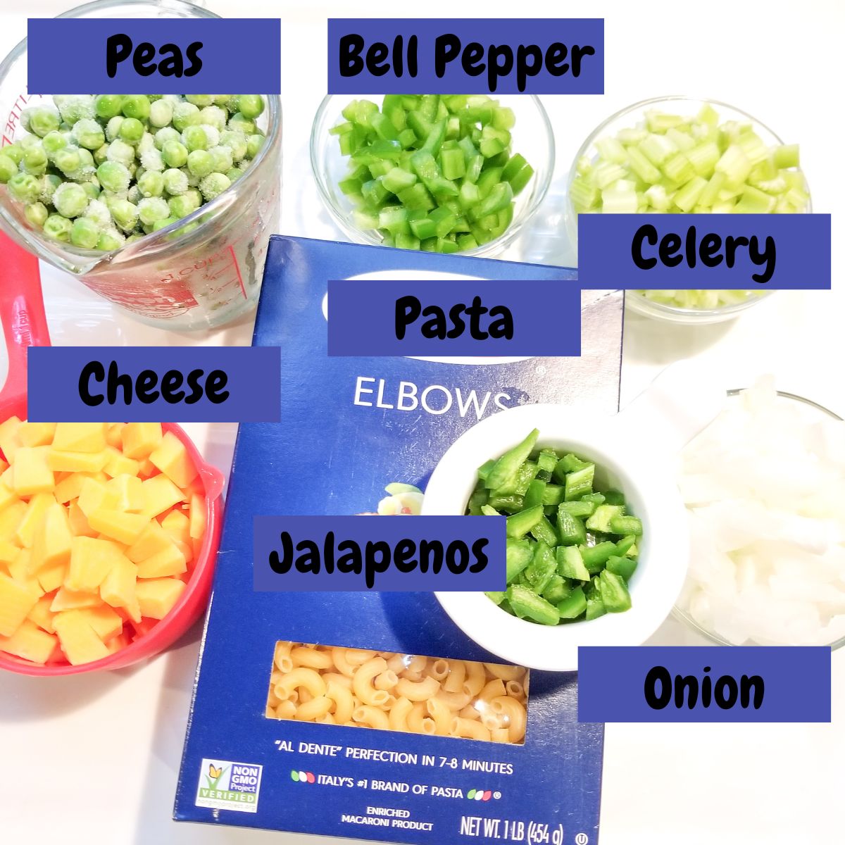 Ingredients for Southern macaroni salad with peas and cheese with text overlay.