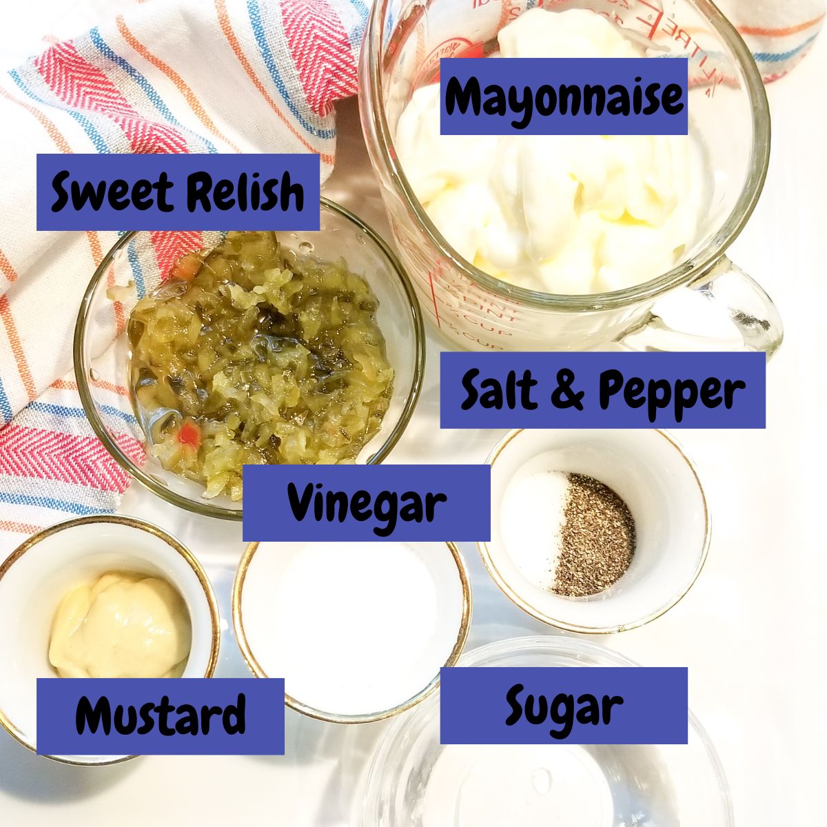 Ingredients for Southern macaroni salad with peas and cheese with text overlay.