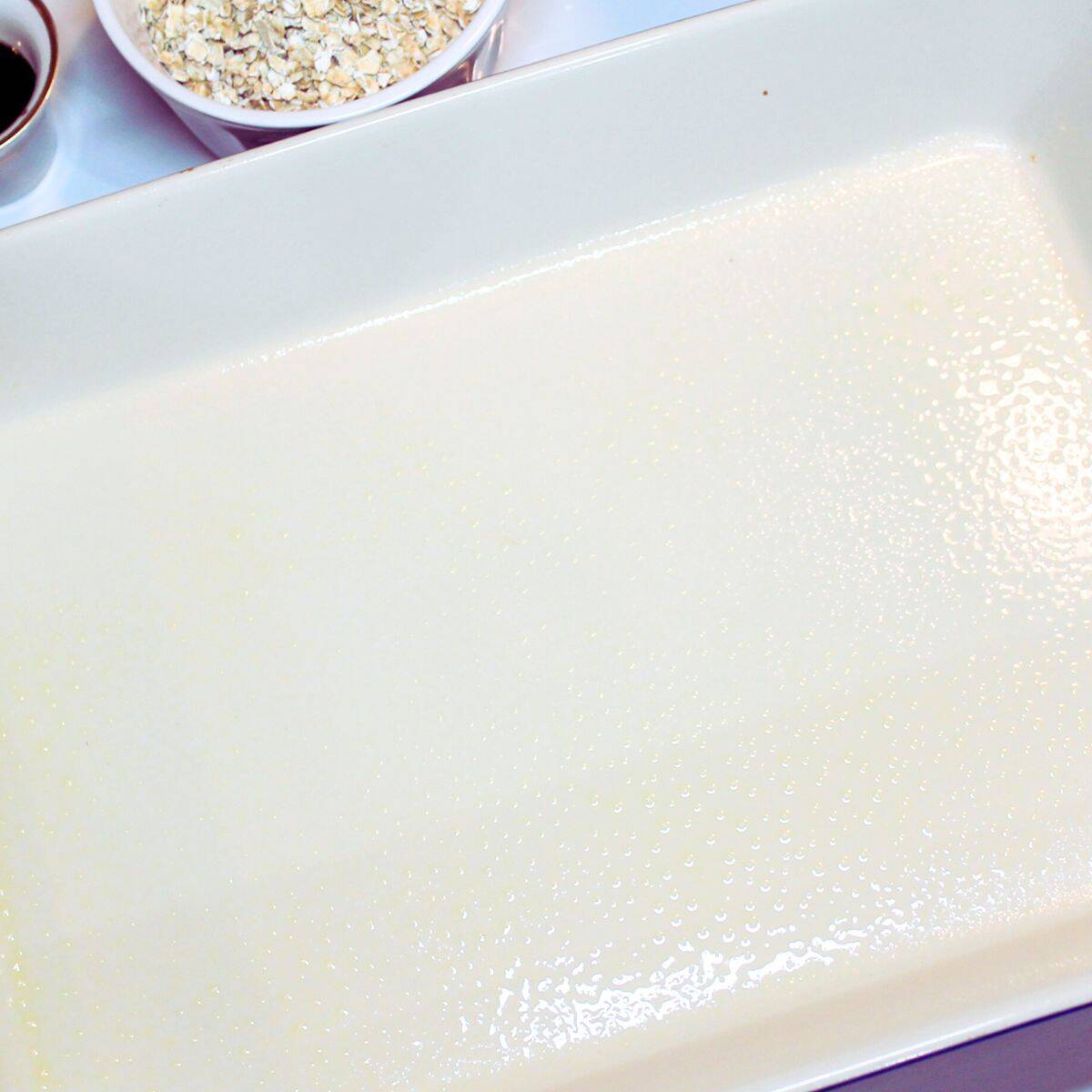 A baking dish sprayed with nonstick spray.