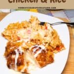 Cheesy Mexican chicken and rice topped with melted cheese and queso with text overlay.