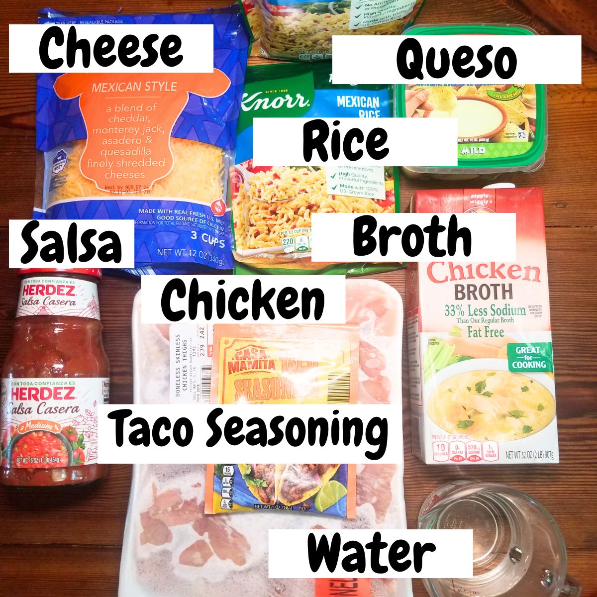 Ingredients needed for Chicken and Mexican Rice Casserole with text overlay.