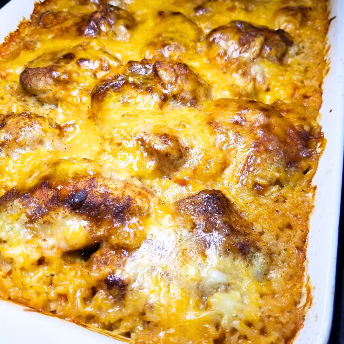Cheesy baked Mexican rice casserole out of the oven.