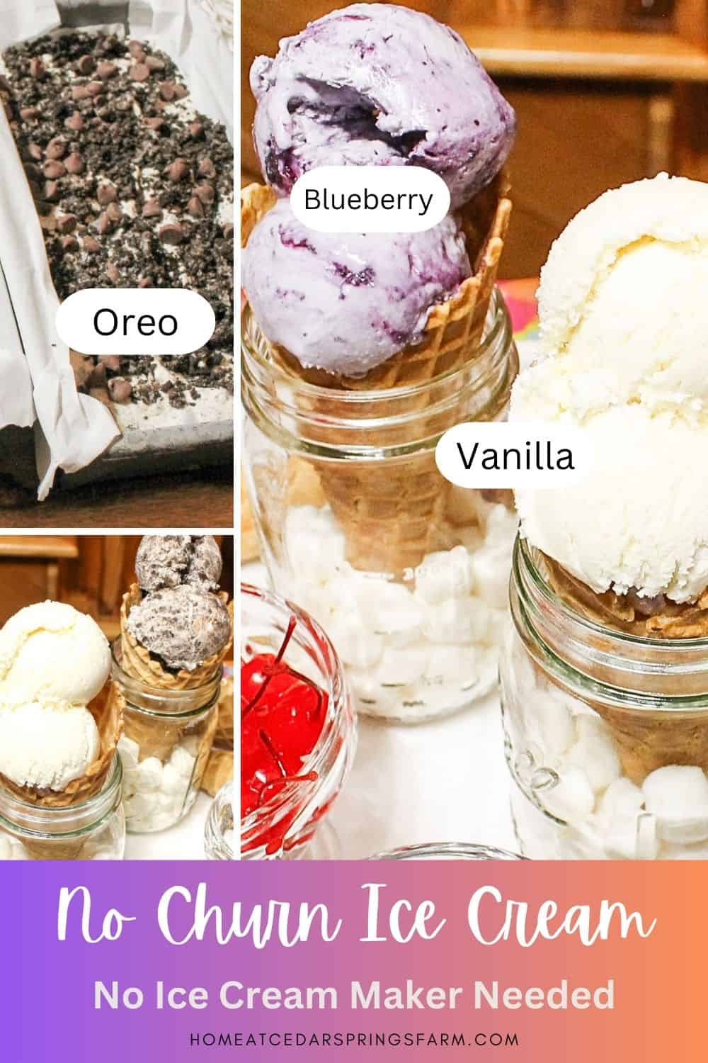 No Churn Ice Cream shown in Oreo, Vanilla, and Blueberry flavors. Pictures are shown in loaf pan, and waffle cones with text overlay.