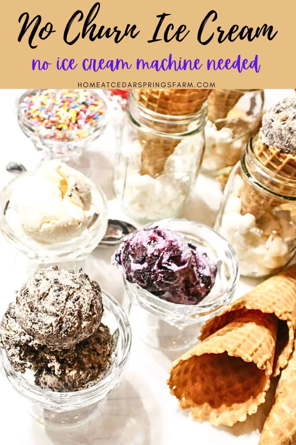 No Churn Oreo Ice Cream, vanilla, and blueberry. Pictured in waffle cones and bowls with text overlay.