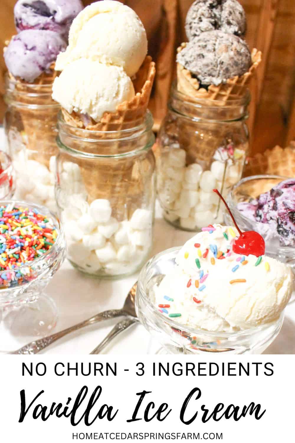 Ice Cream shown in cones and dessert bowls. Vanilla ice cream with a cherry on top and text overlay. No Churn 3 Ingredients Ice Cream.