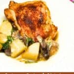 Baked chicken and potatoes in a bowl with text overlay.