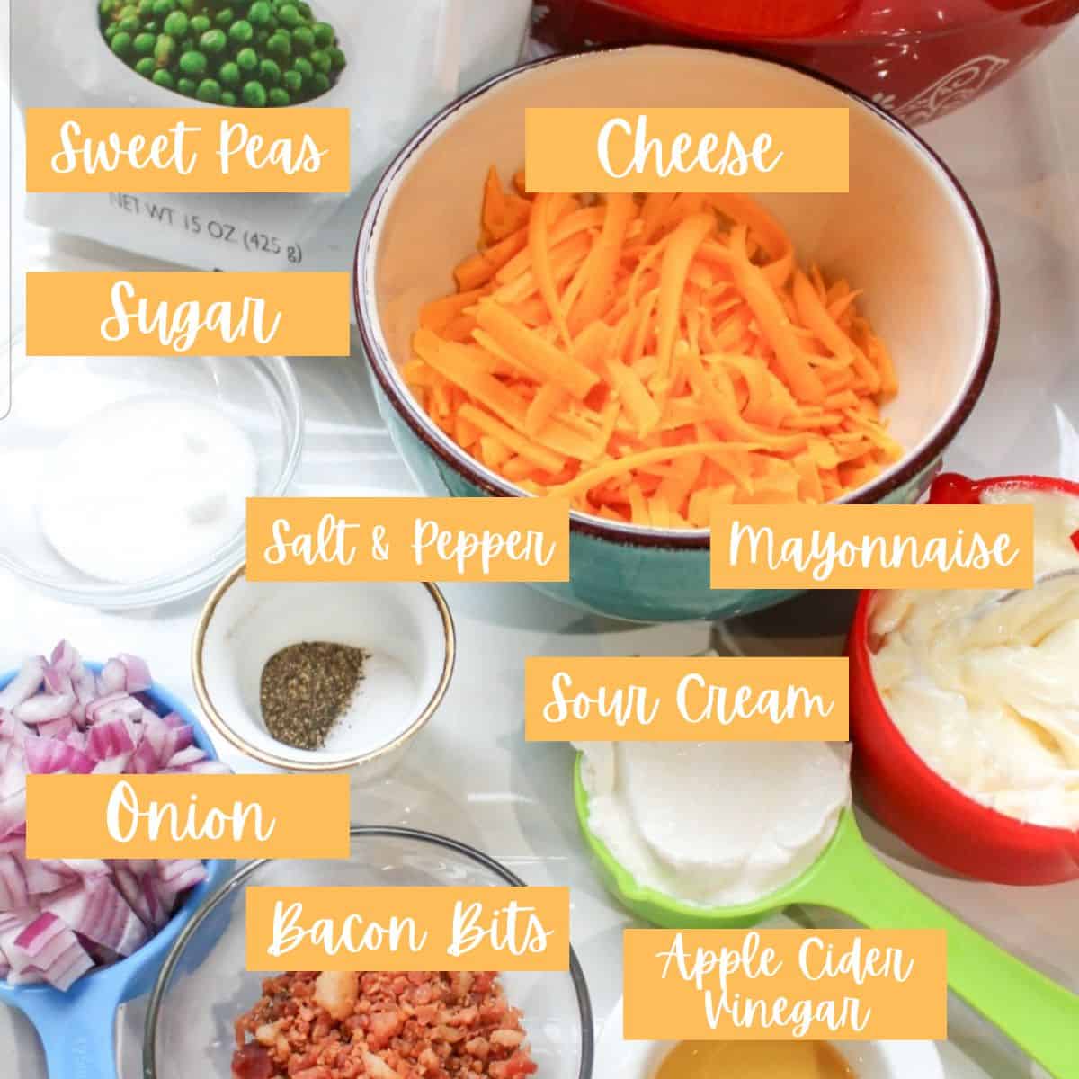 Ingredients needed to make this easy pea salad. Text overlay.