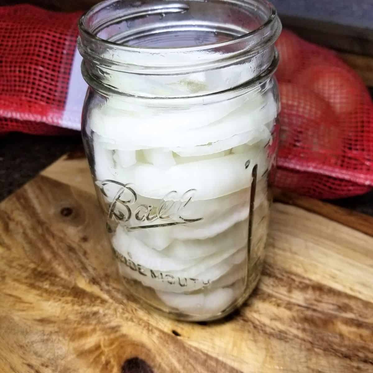 Onions sliced and placed in a canning jar.