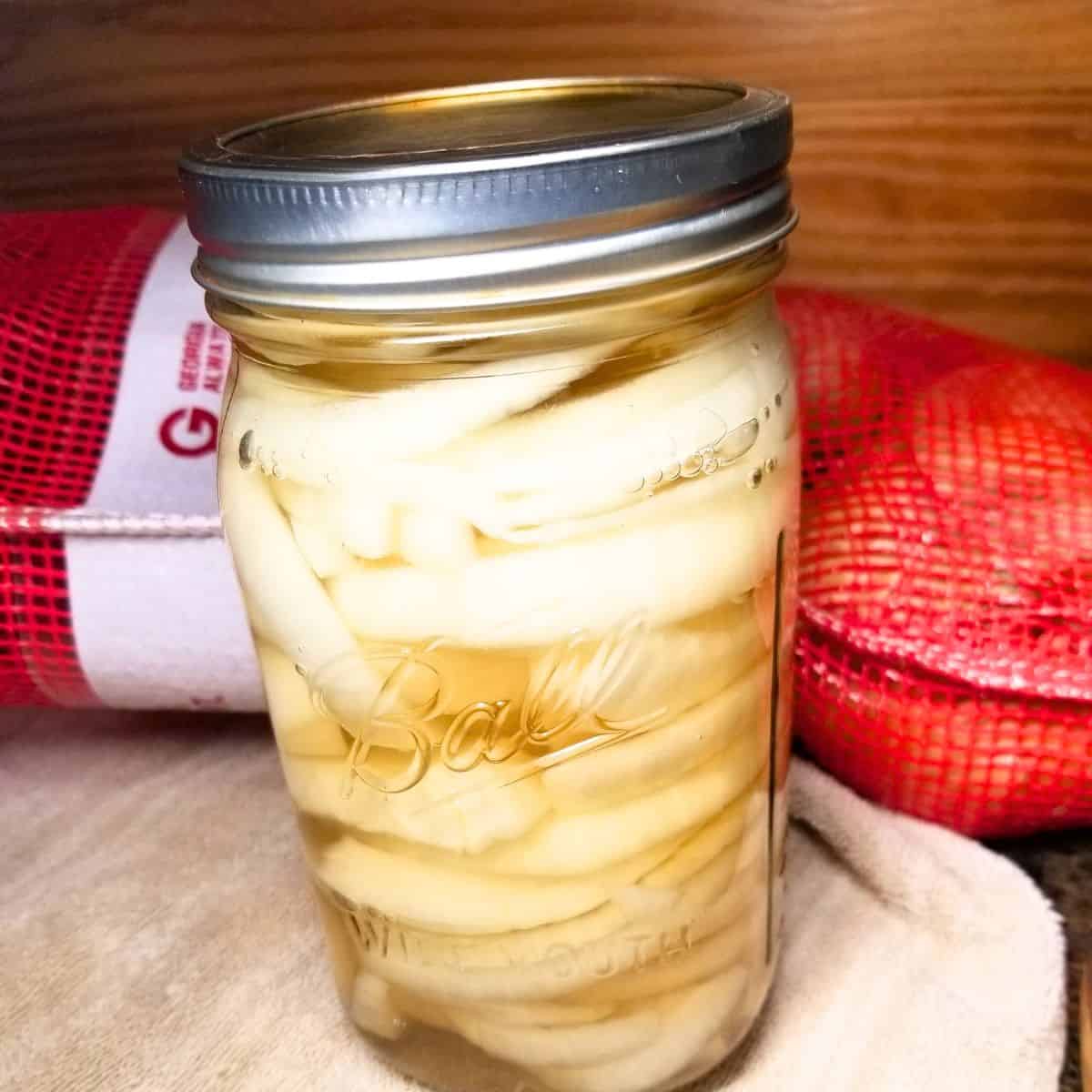 Pickled Vidalia Onions in a canning jar.