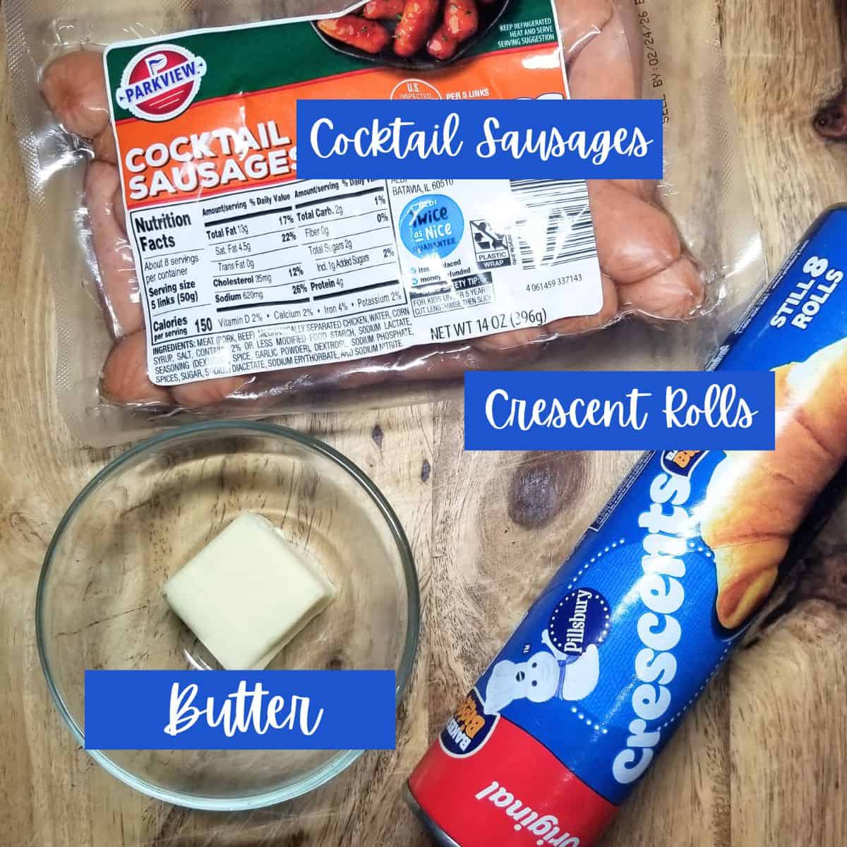Ingredients needed for making pigs in a blanket recipe with text overlay.