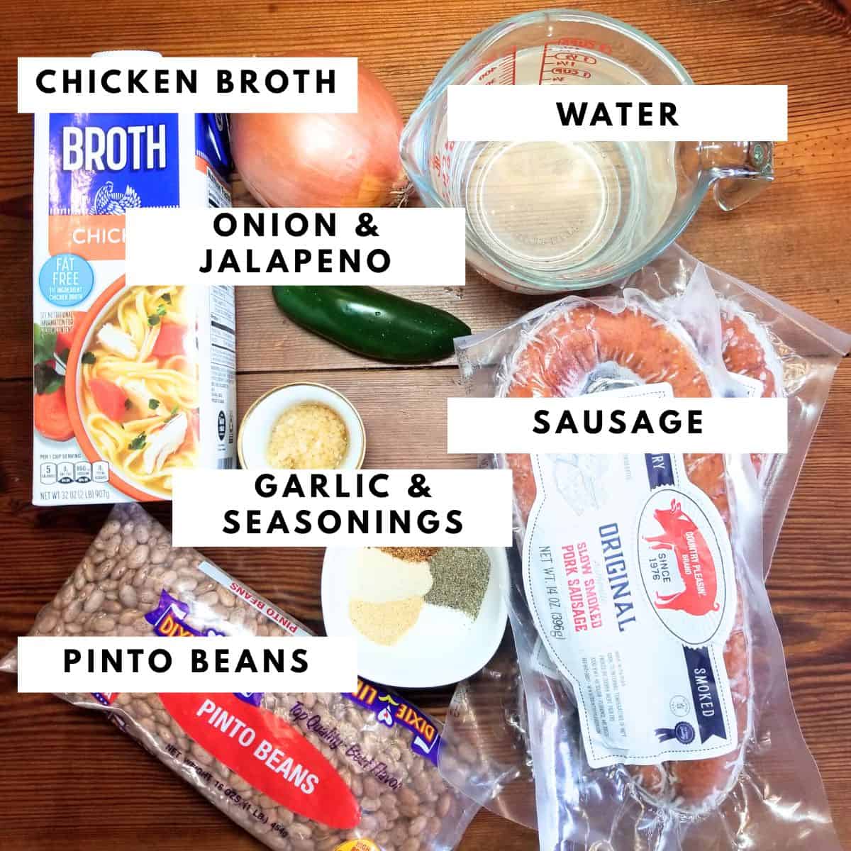 Ingredients needed for pinto beans and sausage with text overlay.