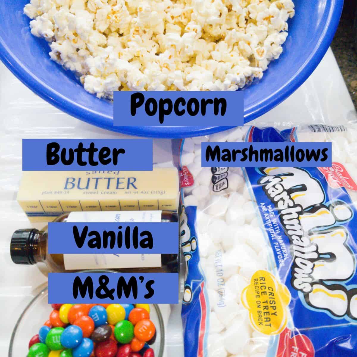 Ingredients needed for making popcorn balls with text overlay.