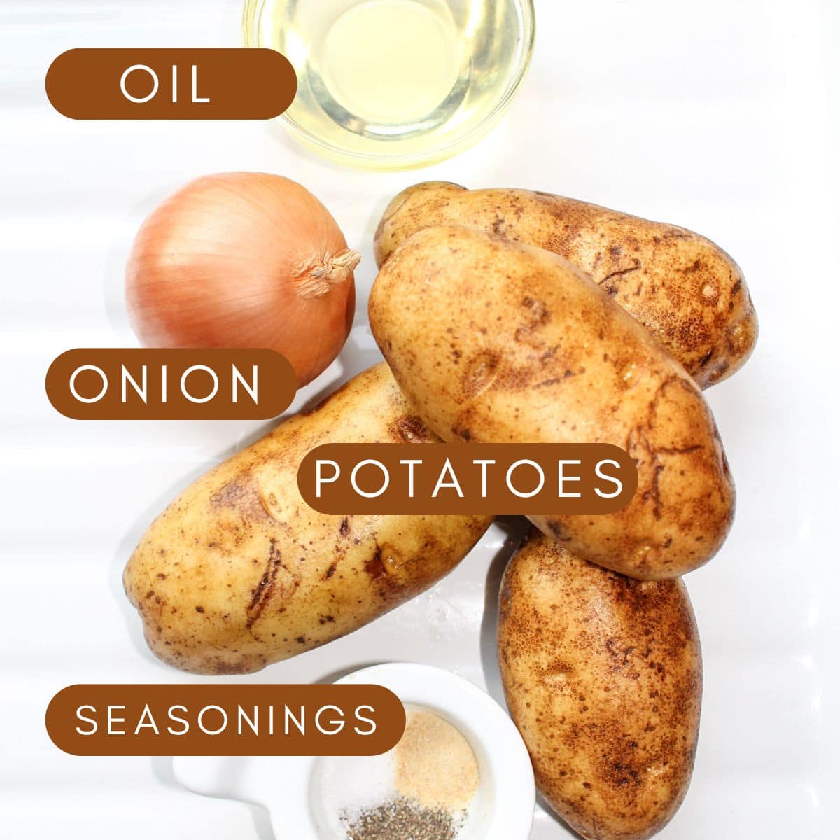 Ingredients needed for making Pan Fried Potatoes and onions with text overlay.