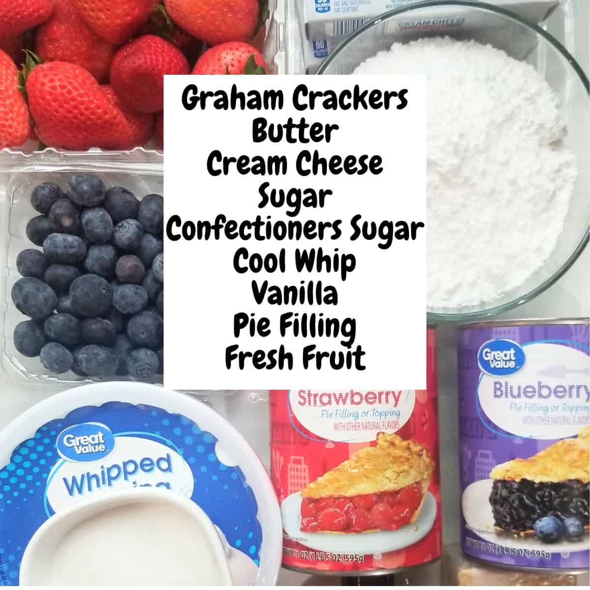 Ingredients needed for making an American Flag Cheesecake with text overlay.