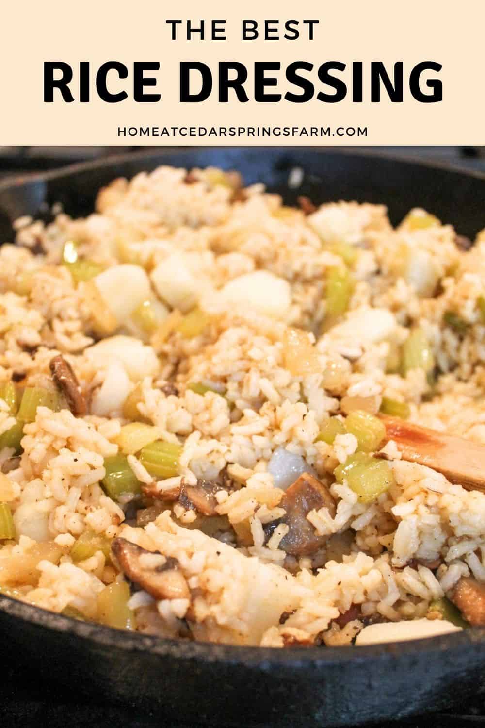 Rice dressing in a cast iron skillet with text overlay.