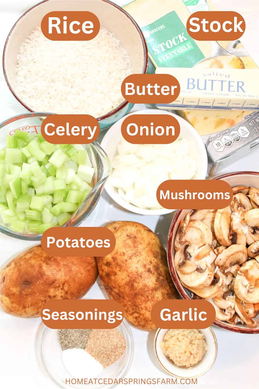 Ingredients needed for Easy Rice Dressing with text overlay.