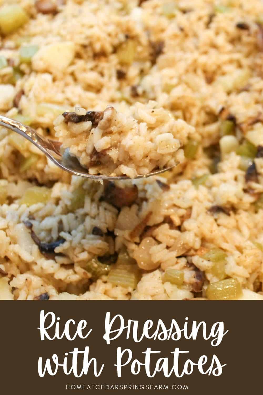 Rice dressing in a dish and on a spoon with text overlay.