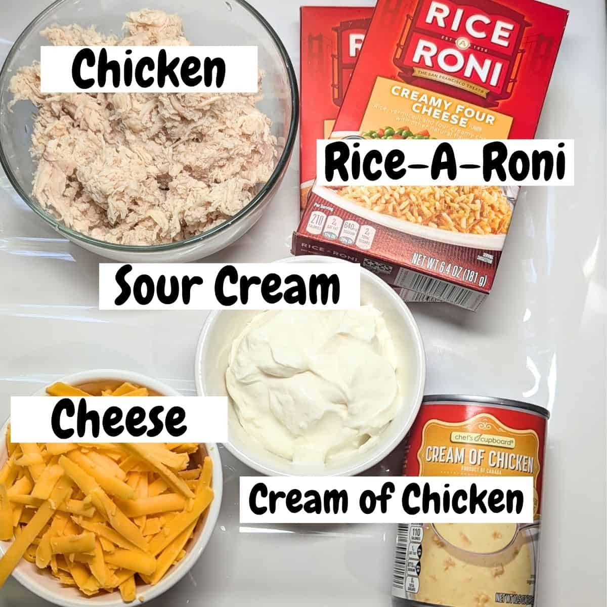 Ingredients needed for chicken and rice casserole with text overlay.