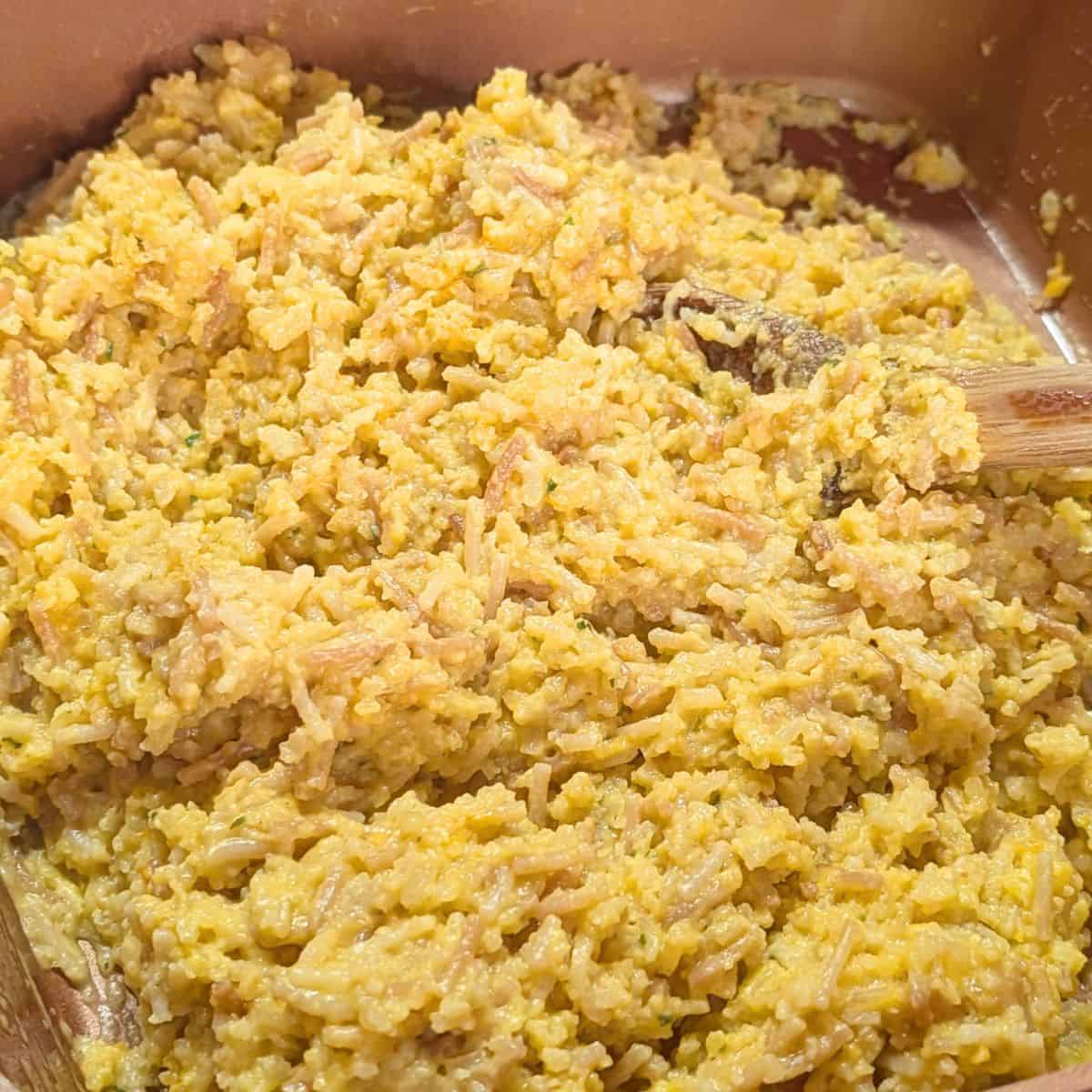 Cooked Rice-A-Roni Casserole in a pan.