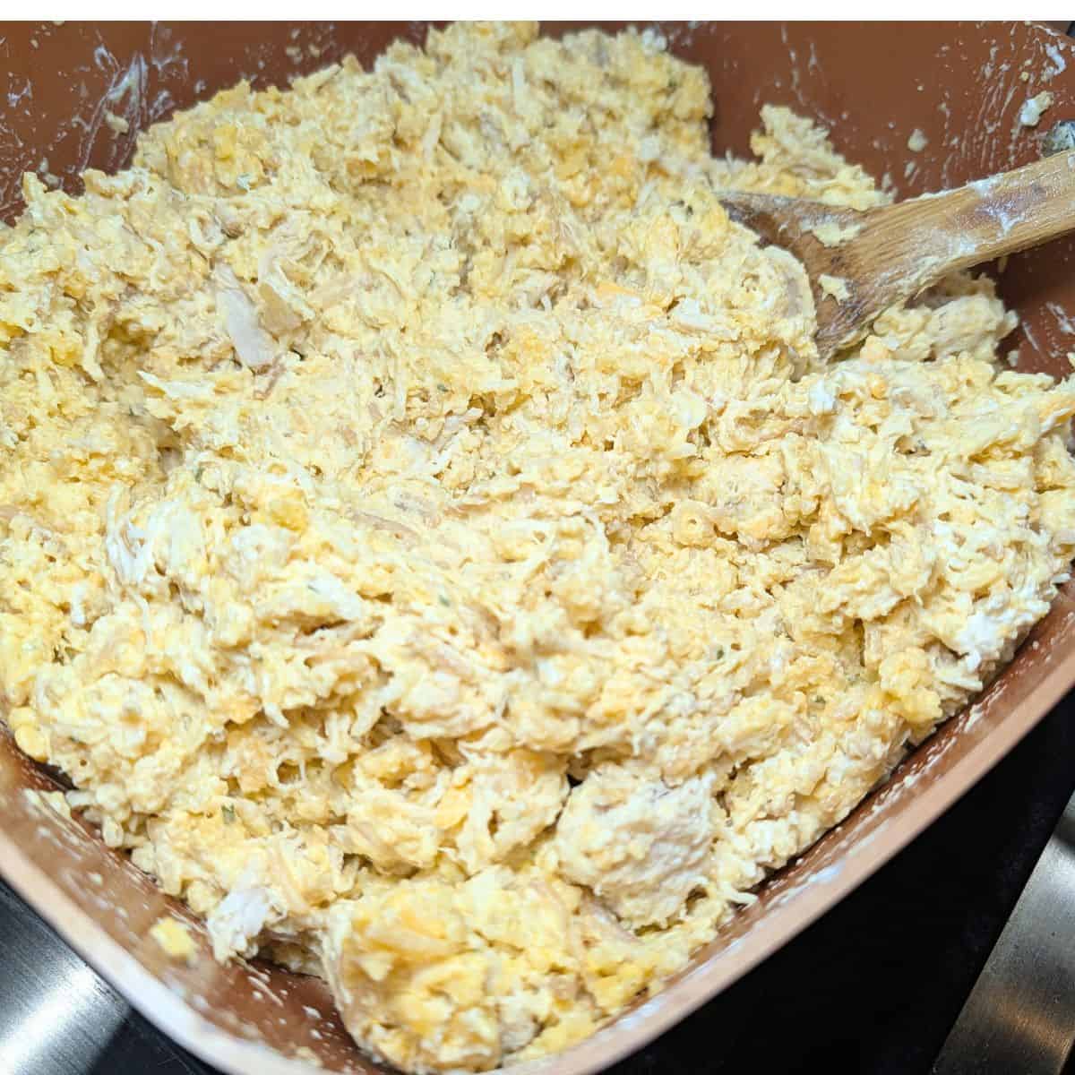 Ingredients mixed together in a pan.