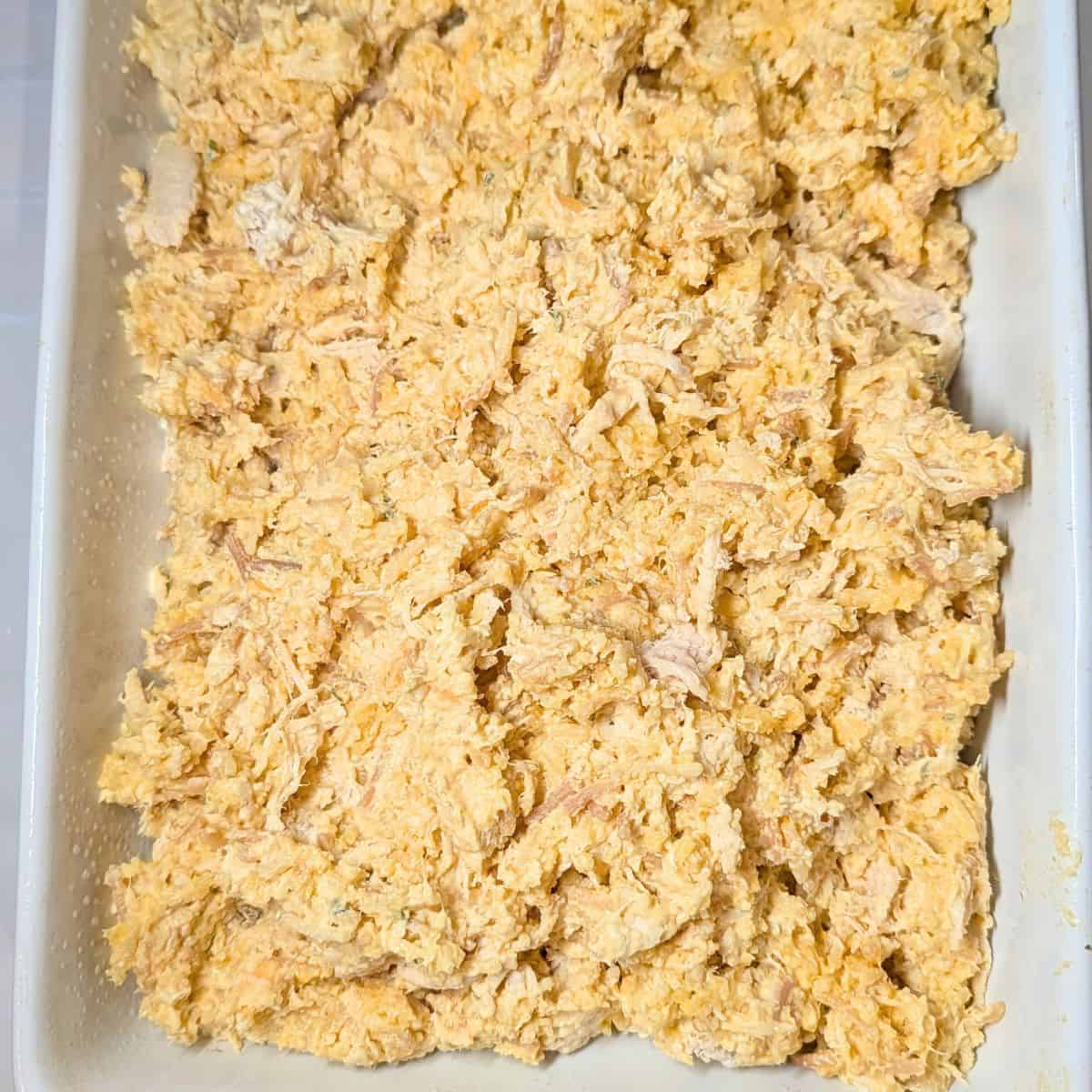 Creamy Chicken Rice-A-Roni Casserole in a white baking dish.