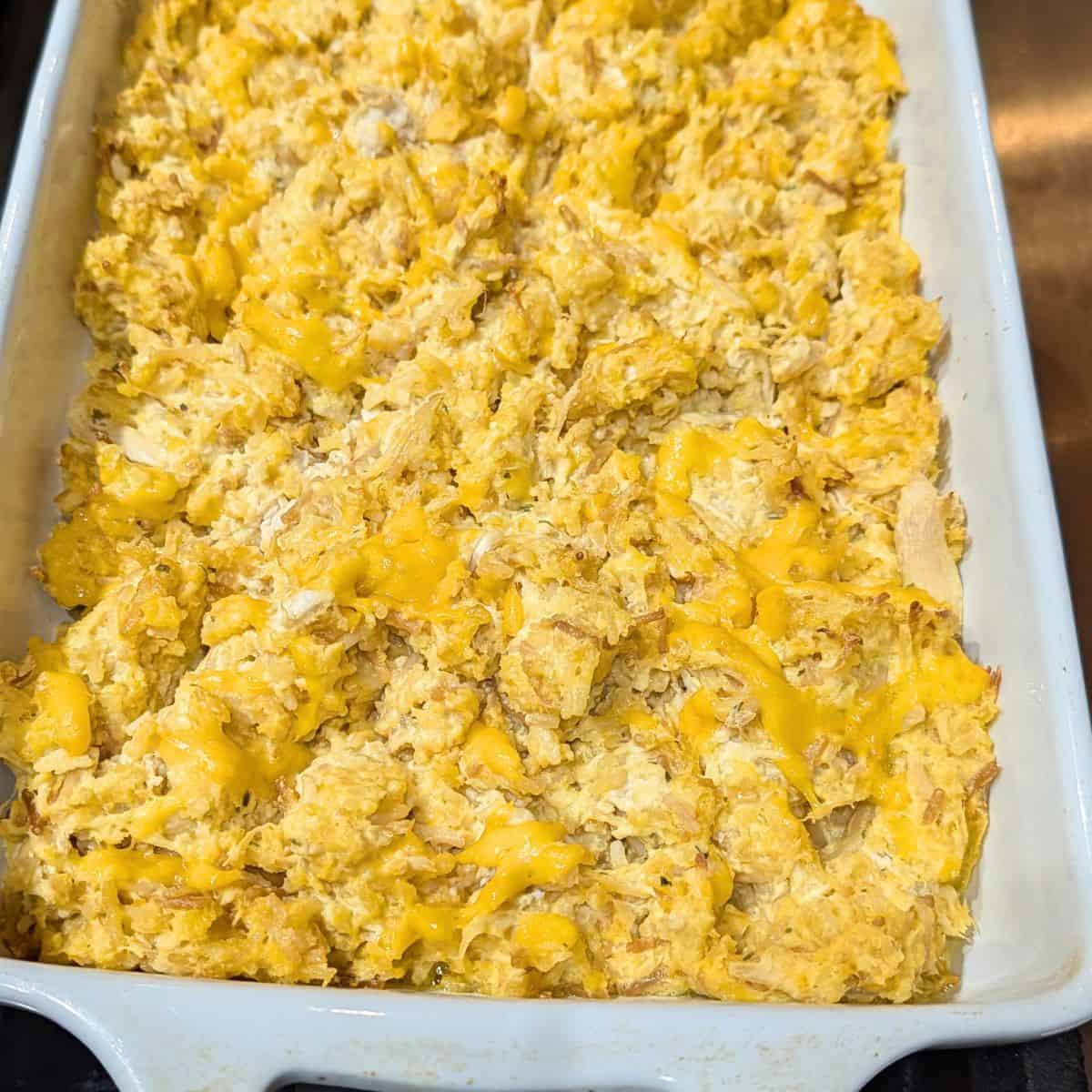 Chicken Rice-A-Roni Casserole baked until hot and bubbly.