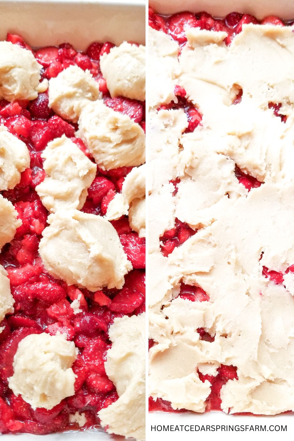 Strawberry cobbler in a dish with topping.