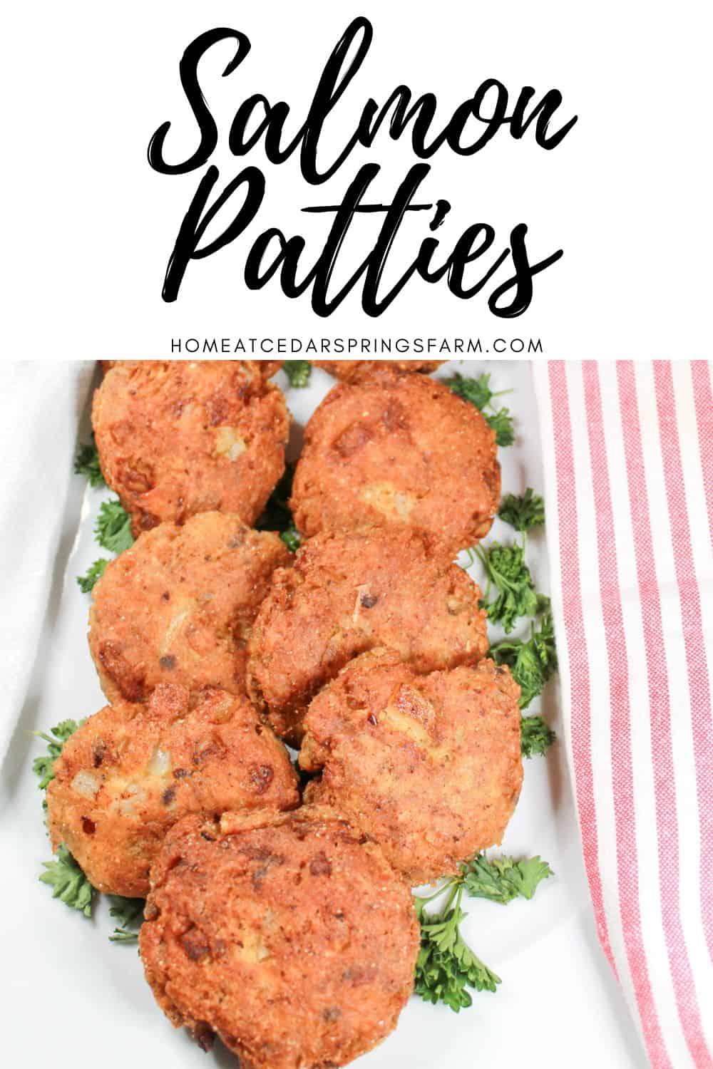 Salmon Patties on a white plate with text overlay.