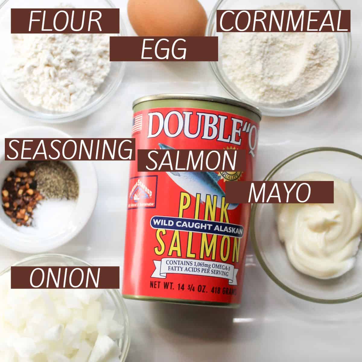 Ingredients needed for making salmon patties with text overlay.