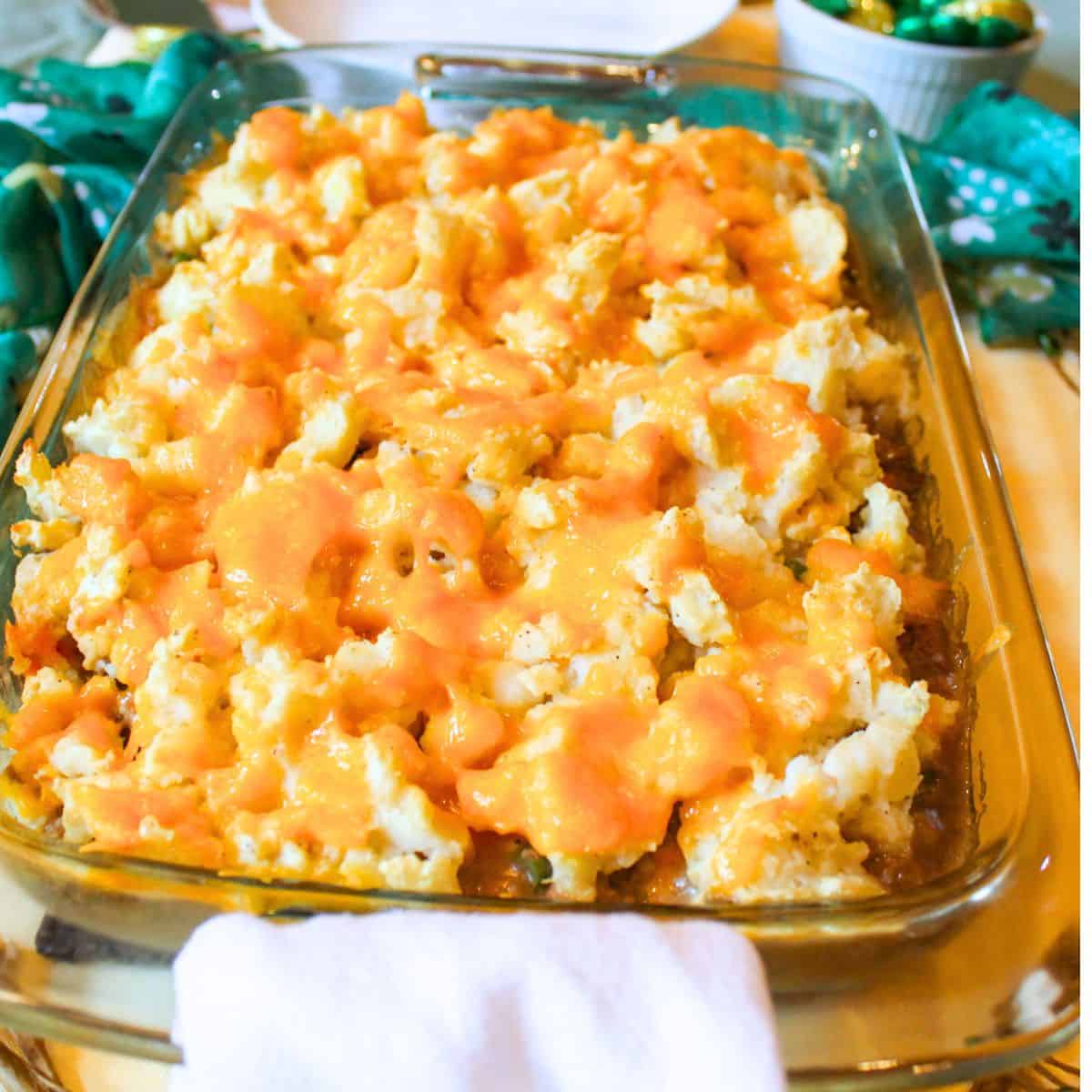 Shepherd's pie in a baking dish on a table.