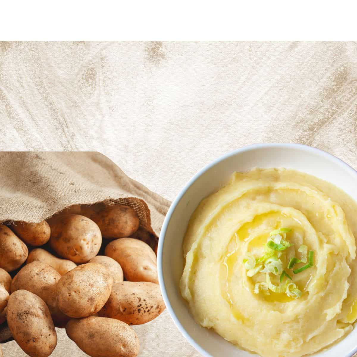 Making the instant potatoes and putting them in a bowl. Potatoes in a bag.