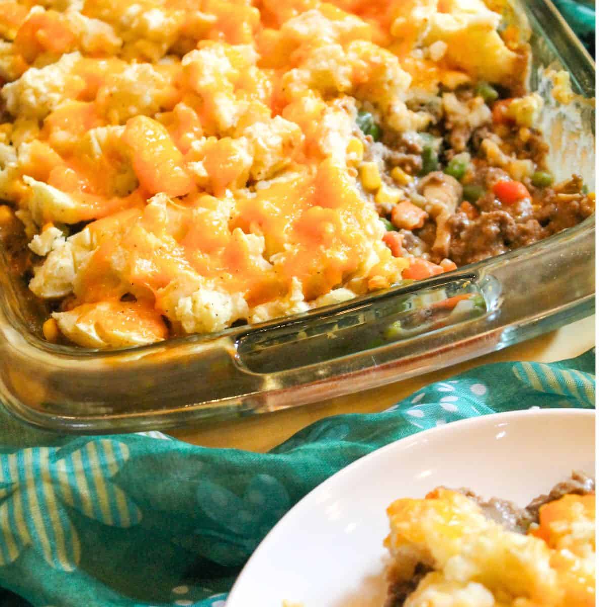 Shepherd's pie in a baking dish on a table.