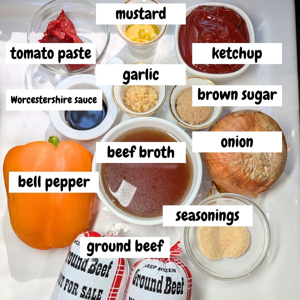 Ingredients needed for making homemade sloppy joes with text overlay.