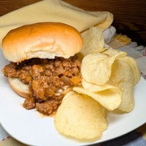 Sloppy joe on a bun with chips on the side.
