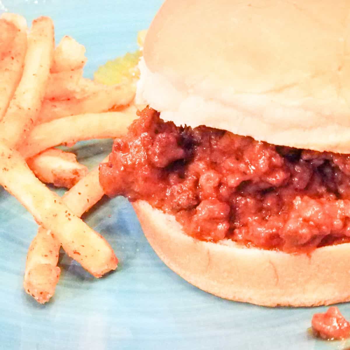 Homemade sloppy joes plated with fries.