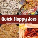 Multiple pictures of steps for making sloppy joes with text overlay.