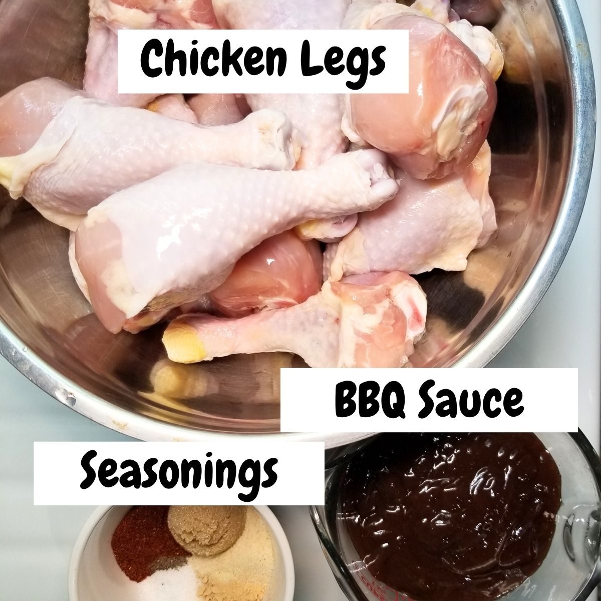 Ingredients for Slow Cooker BBQ Chicken Legs including chicken legs, BBQ sauce, and seasonings with text overlay.