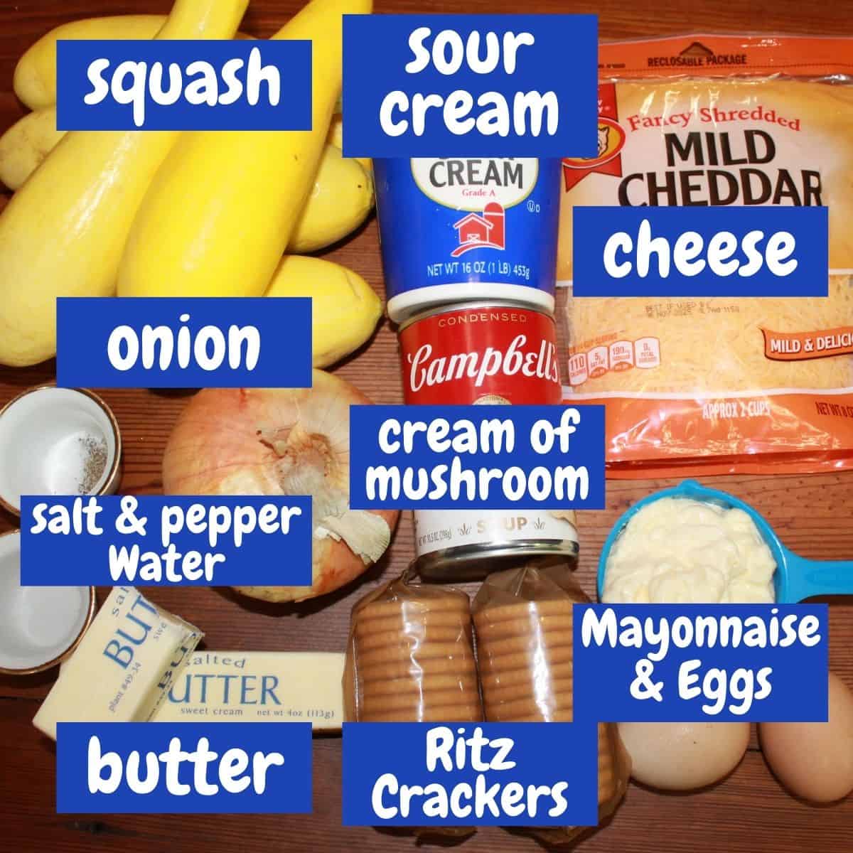 Ingredients needed for making southern squash casserole with text overlay.