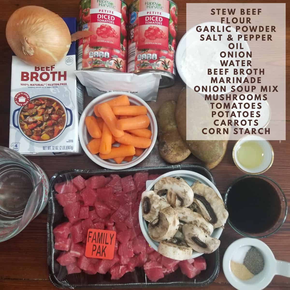 Ingredients needed for making stove top beef stew with text overlay.