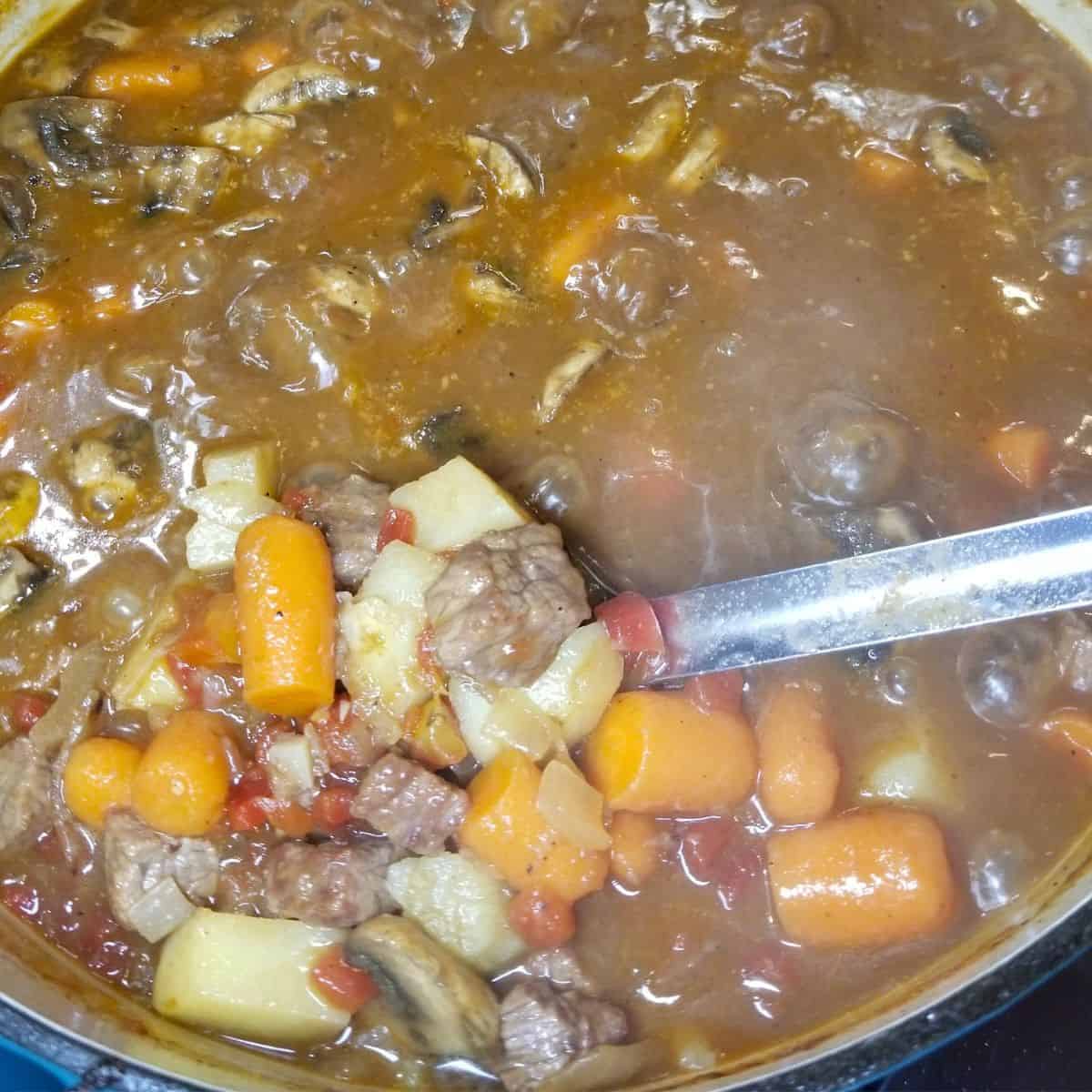 A pot full of beef stew with a large spoon.
