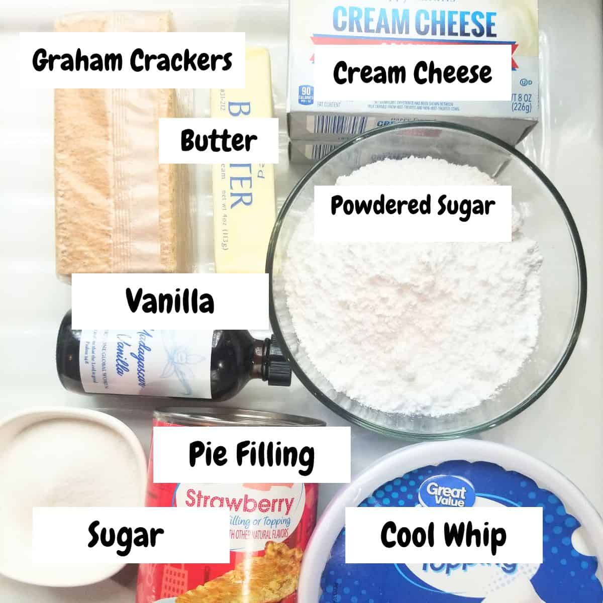 Ingredients needed for Easy Strawberry Cheesecake Bars with text overlay.