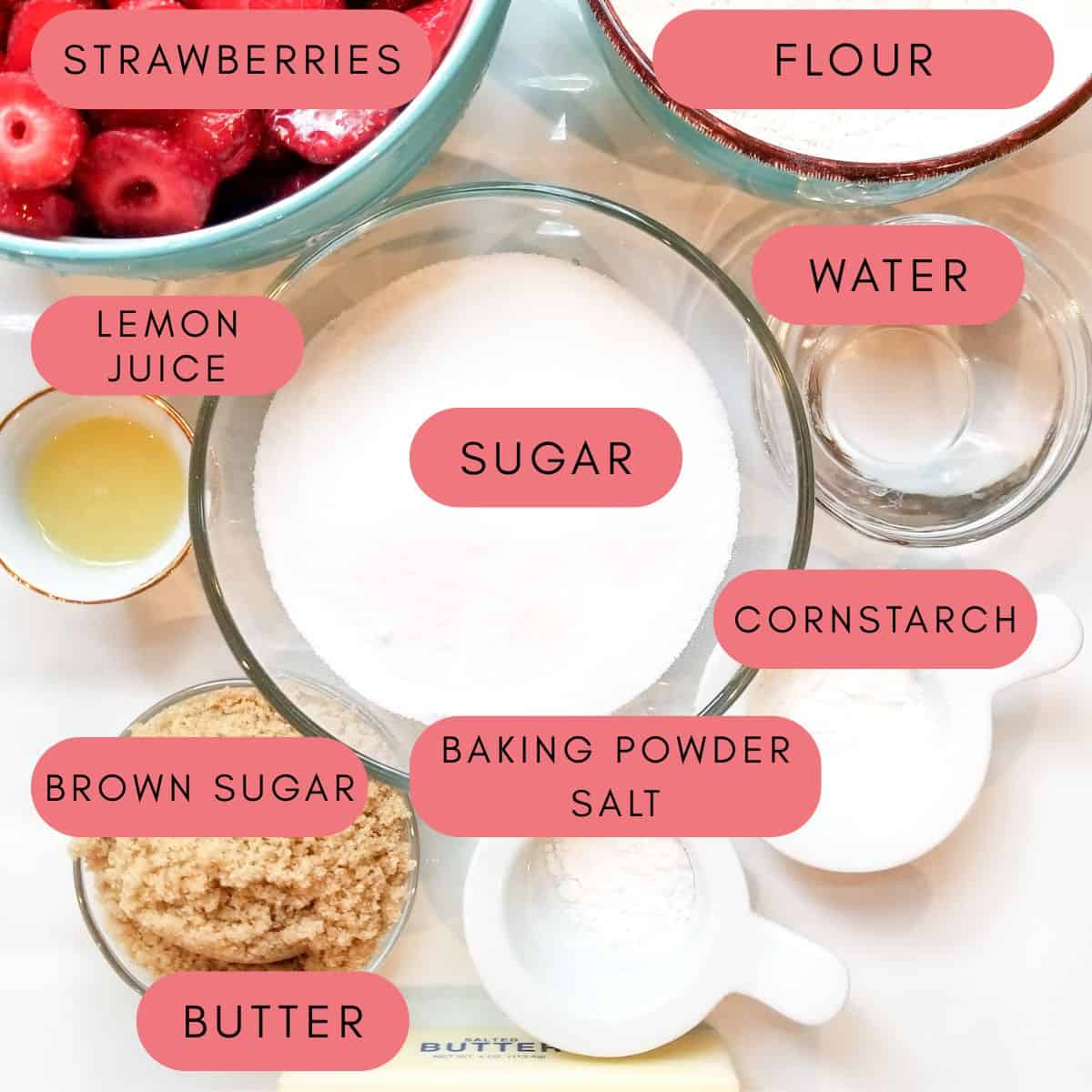 Ingredients needed for making strawberry cobbler with text overlay.