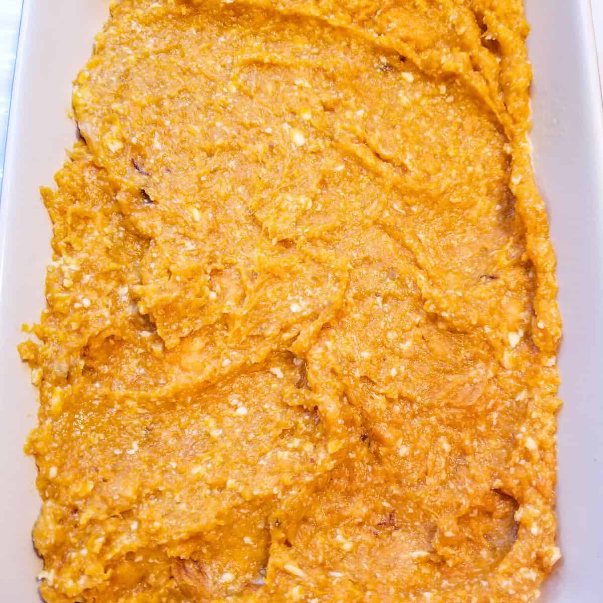 Sweet potato filling in a casserole dish.