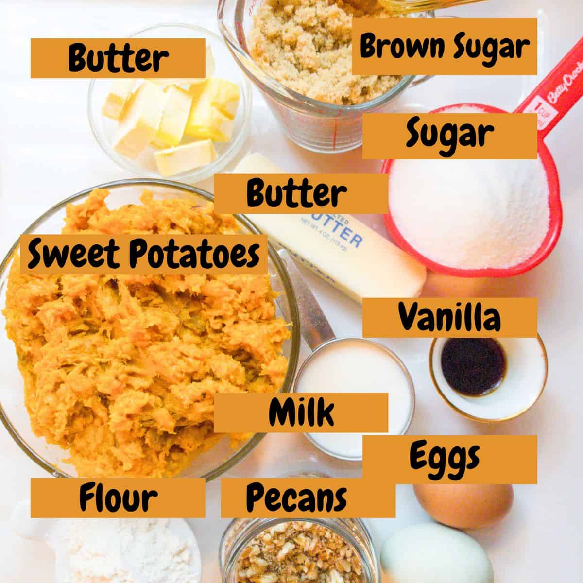 Ingredients needed to make a sweet potato bake with text overlay.