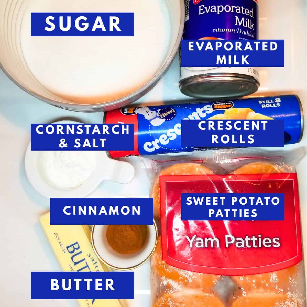 Ingredients needed for making sweet potato dumplings with text overlay.
