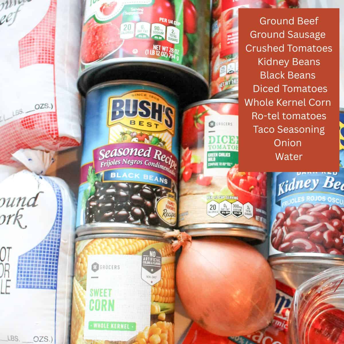 Ingredients needed for making taco soup with text overlay.