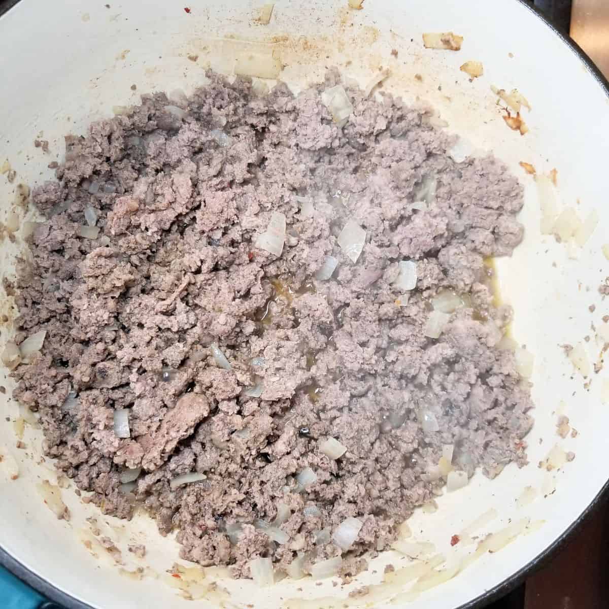 Browning ground beef for quick and easy taco soup.