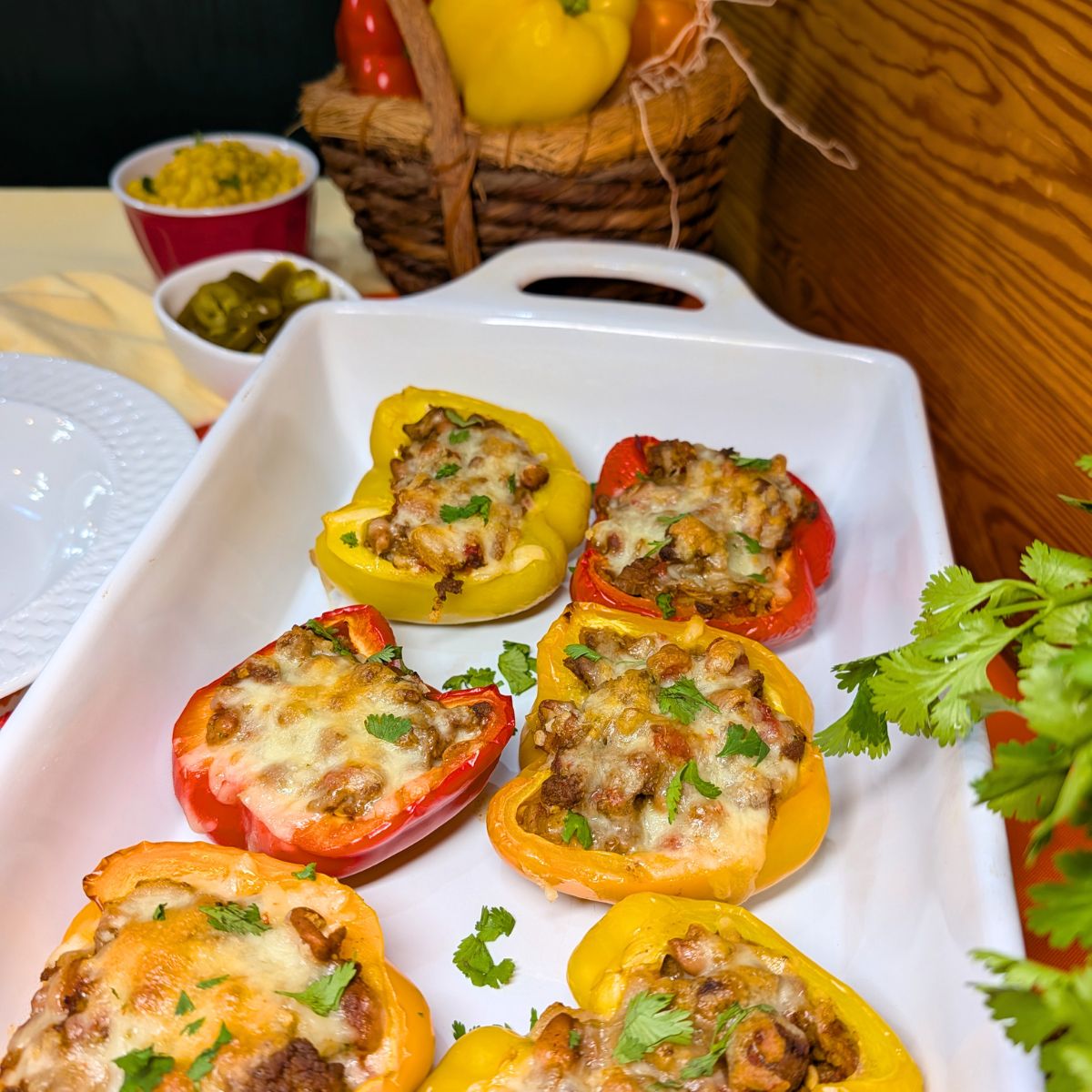 Taco stuffed peppers in a white serving dish.
