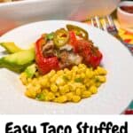 Taco Stuffed Bell Peppers on a white serving dish and white baking dish with text overlay.