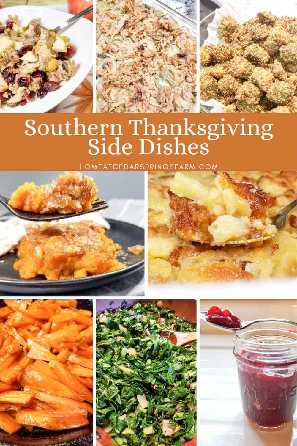Pictures of several Thanksgiving side dishes with text overlay.